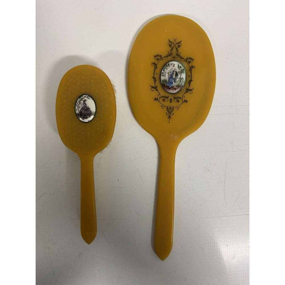 2 Piece Pyralin Celluloid Vanity Set Mirror And Brush Combo